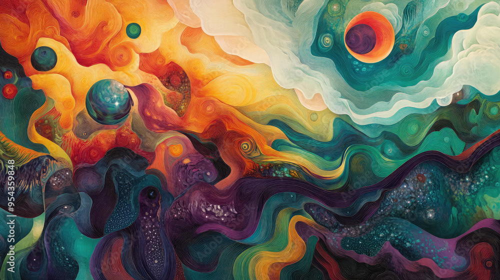 Obraz premium A striking and vibrant landscape showcasing a swirl of colors and fantastical, abstract forms. Perfect for creating visually stunning and imaginative artwork.