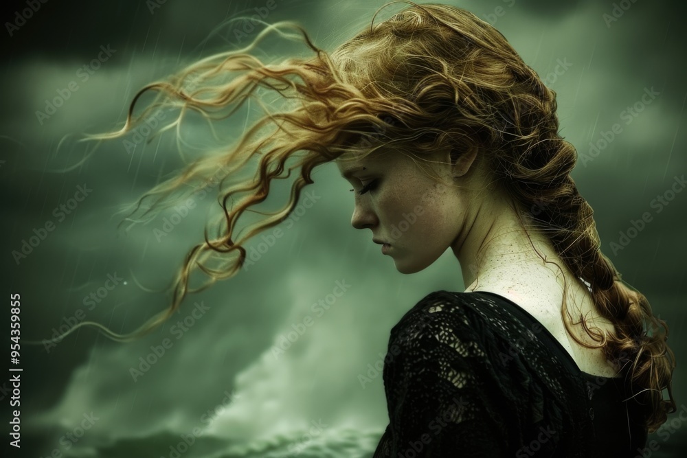 Woman with flowing hair in the wind, side profile, dark lace dress, stormy green background, concept of solitude and contemplation. Woman with flowing hair in the wind, side profile, dark lace dress, stormy green background, concept of solitude and contemplation.