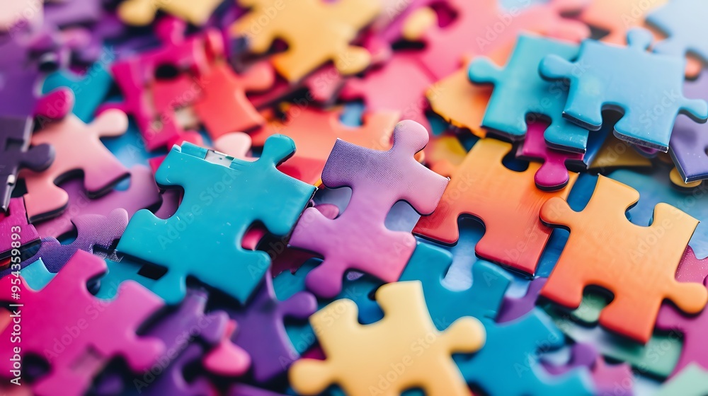Classic puzzle game with colorful pieces scattered isolated on colorful background Classic puzzle game with colorful pieces scattered isolated on colorful background