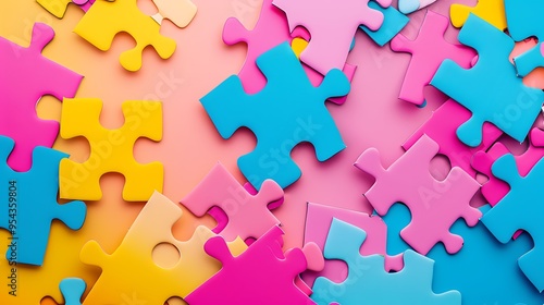 Bright and colorful puzzle pieces scattered isolated on colorful background