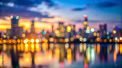 Blurred background of a city skyline at dawn with soft lights and colors photo