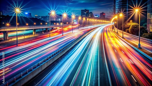 Blurred motion of speeding vehicles on night highway with colorful light streaks & shadows