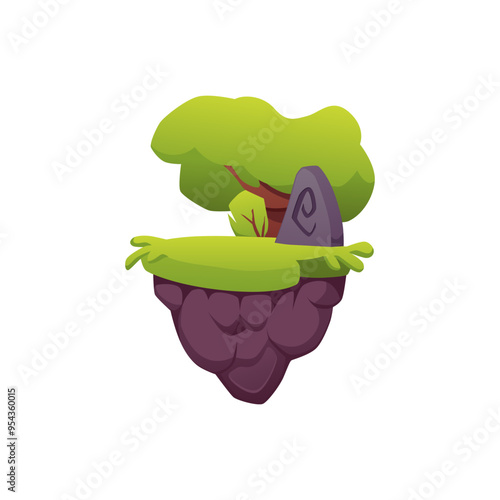 Level platform stone totem, idol rune, floating forest land game island vector illustration, cartoon summer rock stage