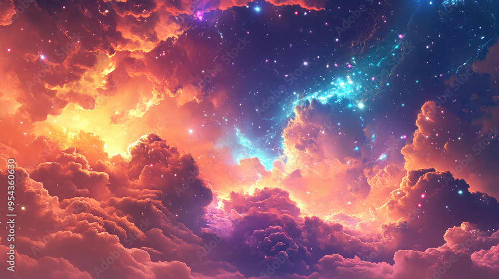 A mesmerizing scene of a vibrant, fantastical sky filled with glowing clouds and swirling, colorful lights. A mesmerizing scene of a vibrant, fantastical sky filled with glowing clouds and swirling, colorful lights.