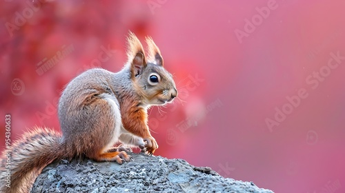 Energetic squirrel climbing on pink and red background photo