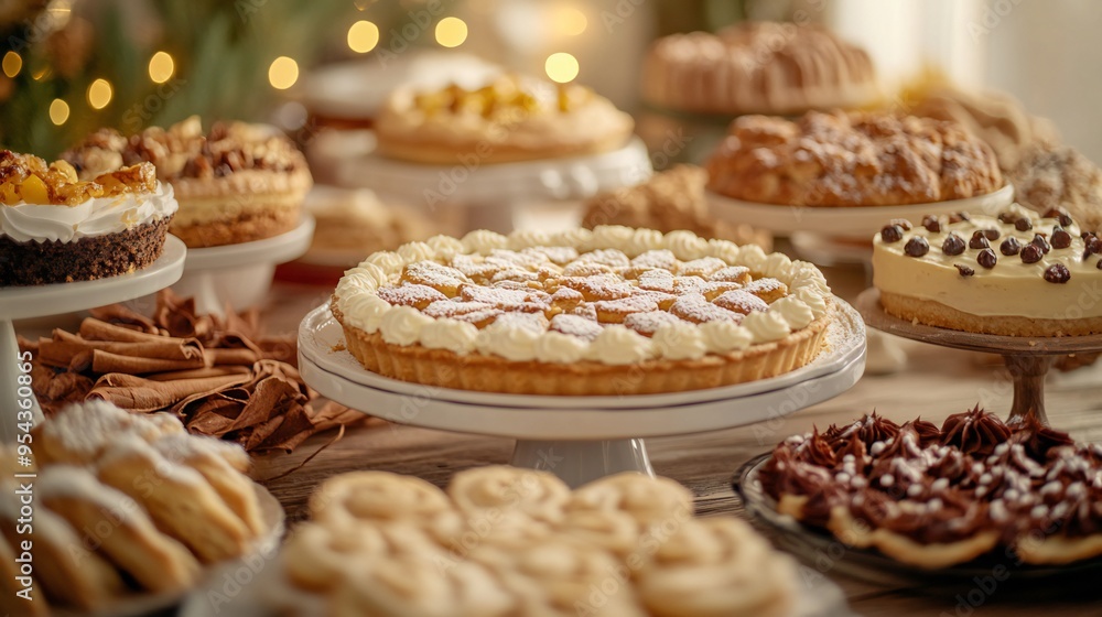 A dessert table filled with various pies, cakes, and cookies, all with a Thanksgiving theme, in a cozy kitchen. A dessert table filled with various pies, cakes, and cookies, all with a Thanksgiving theme, in a cozy kitchen.