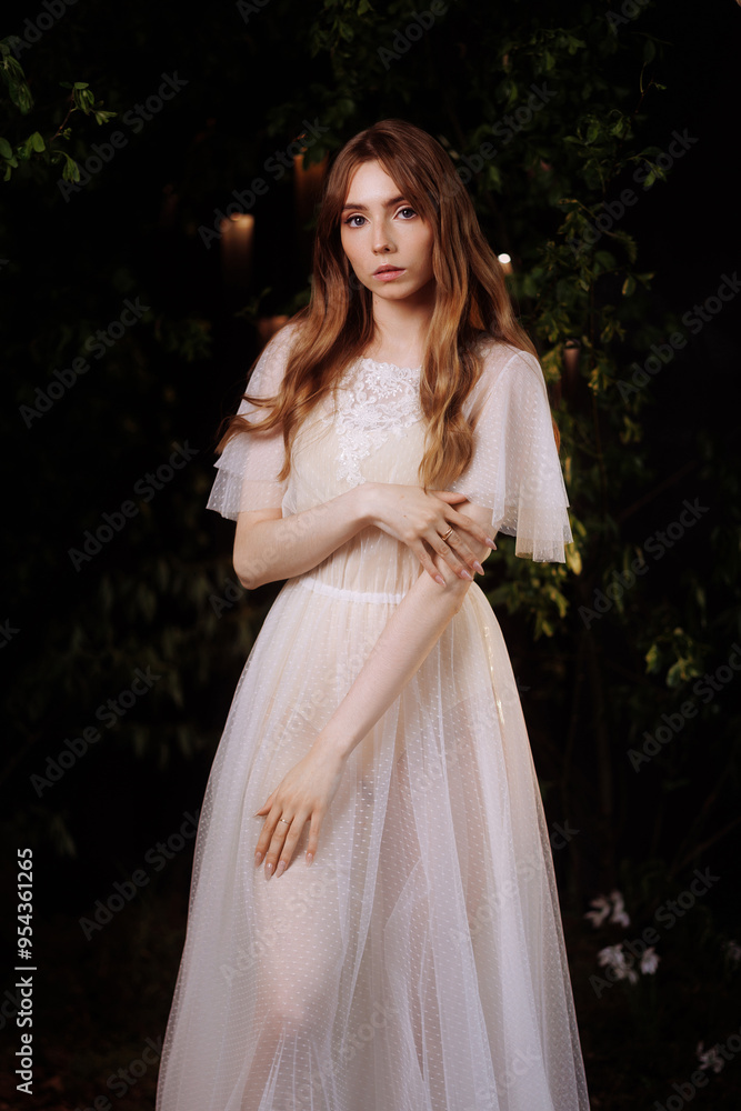A young woman in a long dress made of delicate and light transparent fabric poses in an evening park. A concept of a show of wedding and summer dresses or a model's portfolio. A young woman in a long dress made of delicate and light transparent fabric poses in an evening park. A concept of a show of wedding and summer dresses or a model's portfolio.