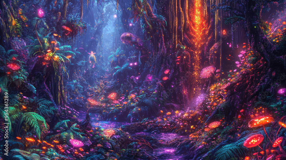 Fototapeta premium A vibrant, otherworldly forest with glowing plants and colorful, mystical creatures.