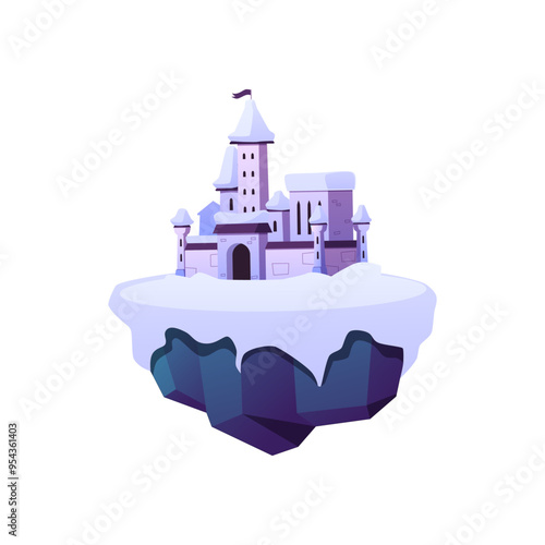 Floating winter island with medieval castle, vector fairytale mansion, fortress with snowdrifts, fantasy game platform