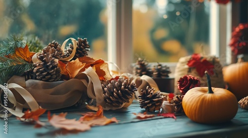 A DIY Thanksgiving decoration station, with supplies like ribbon, pinecones, and autumn leaves.