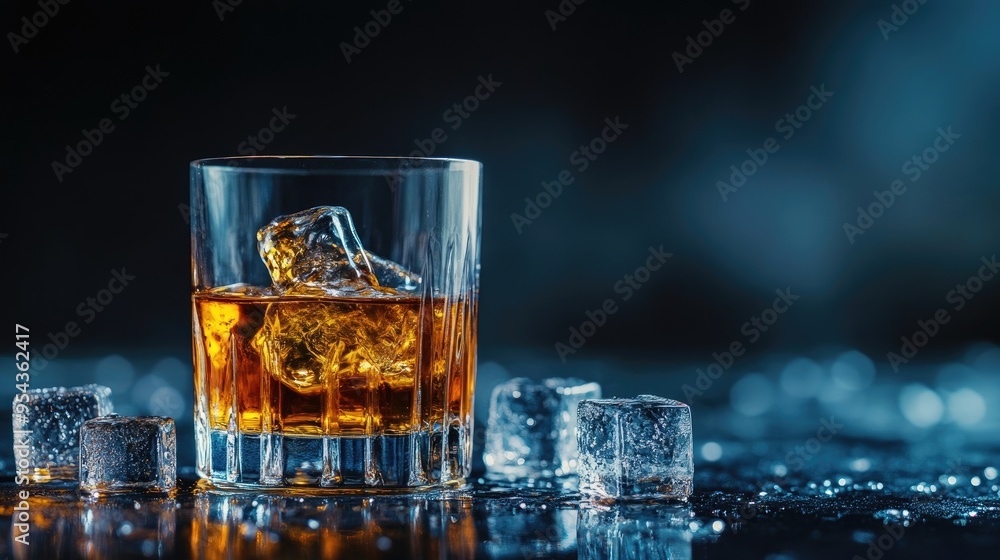 High-Quality Close-Up of Whiskey Glass and Ice Cubes on a Moody Dark Background High-Quality Close-Up of Whiskey Glass and Ice Cubes on a Moody Dark Background