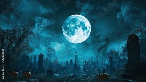 Halloween Background with Moon, Pumpkin, and Cemetery in a Grunge Style .