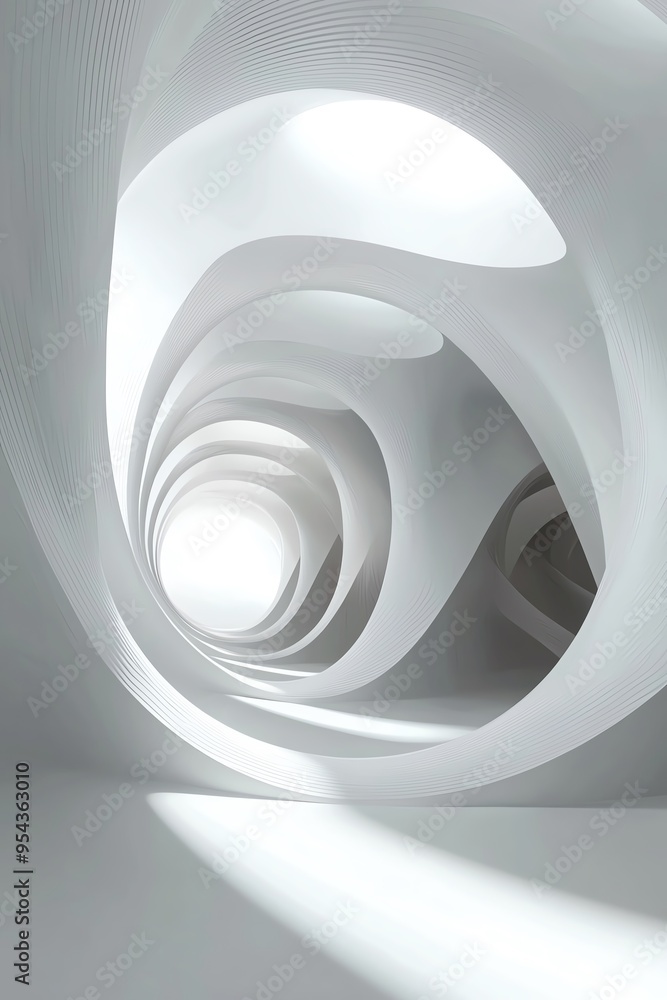 Fototapeta premium Abstract white spiral tunnel design with light at the end.