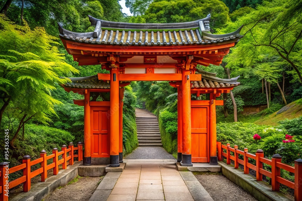 Vibrant orange-red Japanese gate, adorned with intricate carvings, stands proudly amidst lush green foliage, Vibrant orange-red Japanese gate, adorned with intricate carvings, stands proudly amidst lush green foliage,