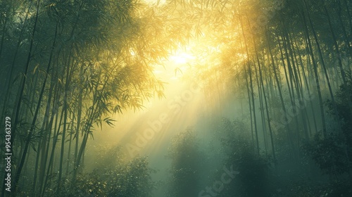 Sun Rays Illuminating a Misty Bamboo Forest photo