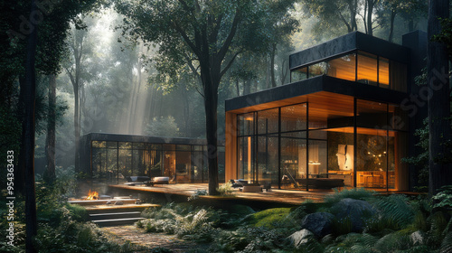 A modern forest retreat with large glass windows, blending into the natural