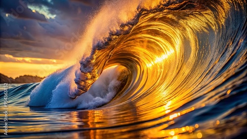 Close up shot of a mesmerizing golden wave crest in the moment of curling, showcasing nature's beauty and power photo