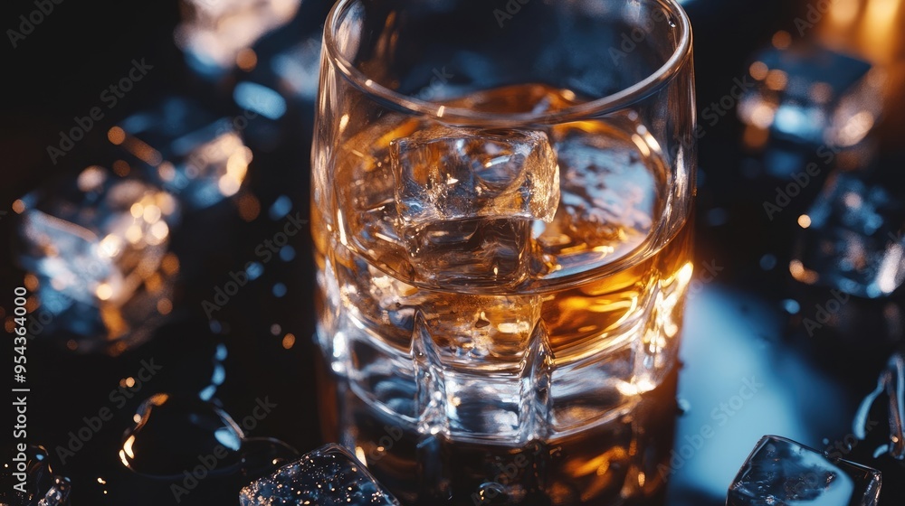 High-Quality Close-Up of Whiskey Glass and Ice Cubes on a Moody Dark Background High-Quality Close-Up of Whiskey Glass and Ice Cubes on a Moody Dark Background