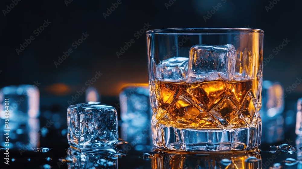 High-Quality Close-Up of Whiskey Glass and Ice Cubes on a Moody Dark Background High-Quality Close-Up of Whiskey Glass and Ice Cubes on a Moody Dark Background