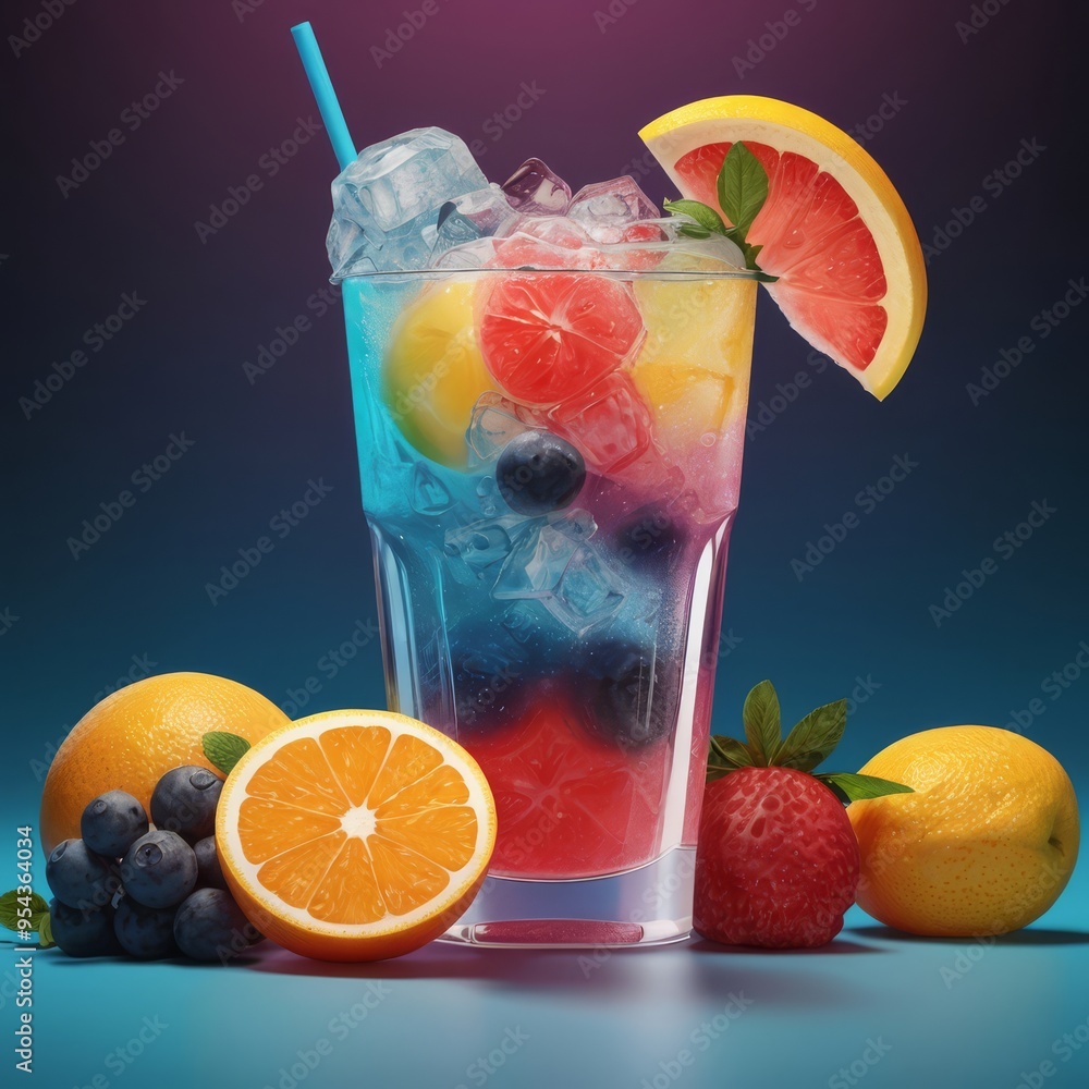a glass of ice water with fruit and a fruit stick on it. a glass of ice water with fruit and a fruit stick on it.