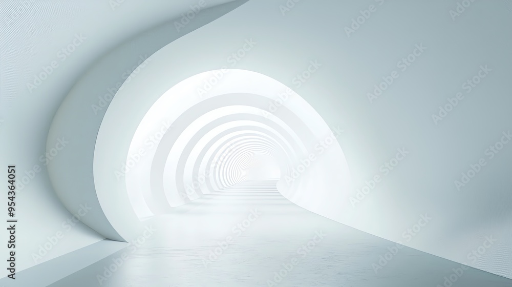 Obraz premium Abstract white tunnel with glowing light at the end. Minimalist architecture design.