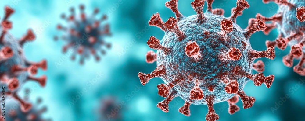 3D close-up of spiky virus particles in a colorful, microscopic, and blurred bokeh background. 3D close-up of spiky virus particles in a colorful, microscopic, and blurred bokeh background.