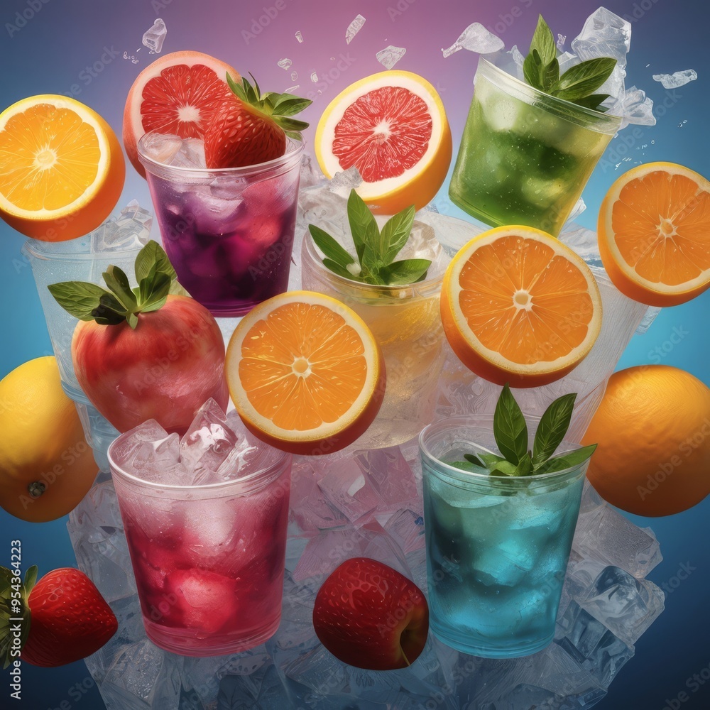 a glass of ice water with fruit and a fruit stick on it. a glass of ice water with fruit and a fruit stick on it.
