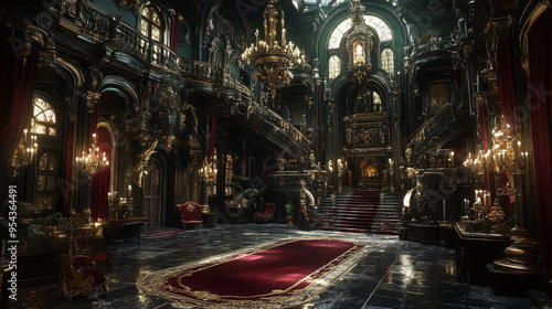 A photorealistic interior design of a luxurious Victorian Gothic mansion temple in a massive