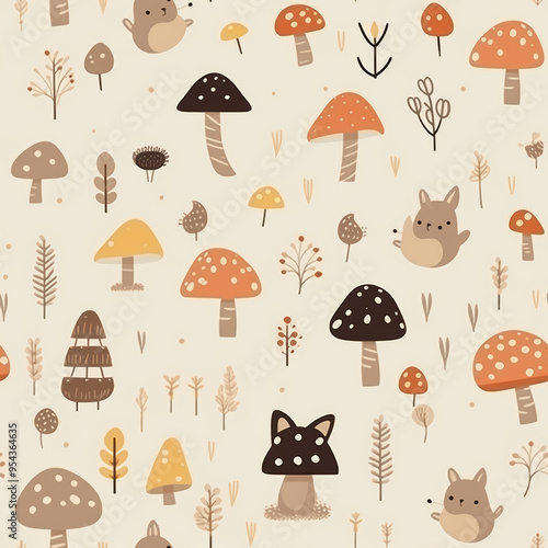 Seamless pattern of cute squirrels and mushrooms on a light background.