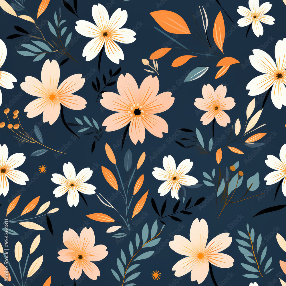Seamless pattern of pink and white flowers on a dark blue background with green and orange leaves. Seamless pattern of pink and white flowers on a dark blue background with green and orange leaves.