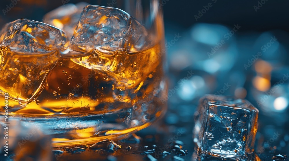 High-Quality Close-Up of Whiskey Glass and Ice Cubes on a Moody Dark Background High-Quality Close-Up of Whiskey Glass and Ice Cubes on a Moody Dark Background