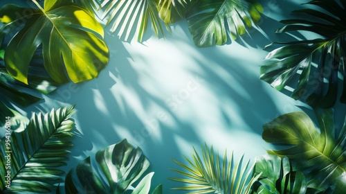 Tropical Leaf Frame with Sunlit Shadows on Turquoise Background photo