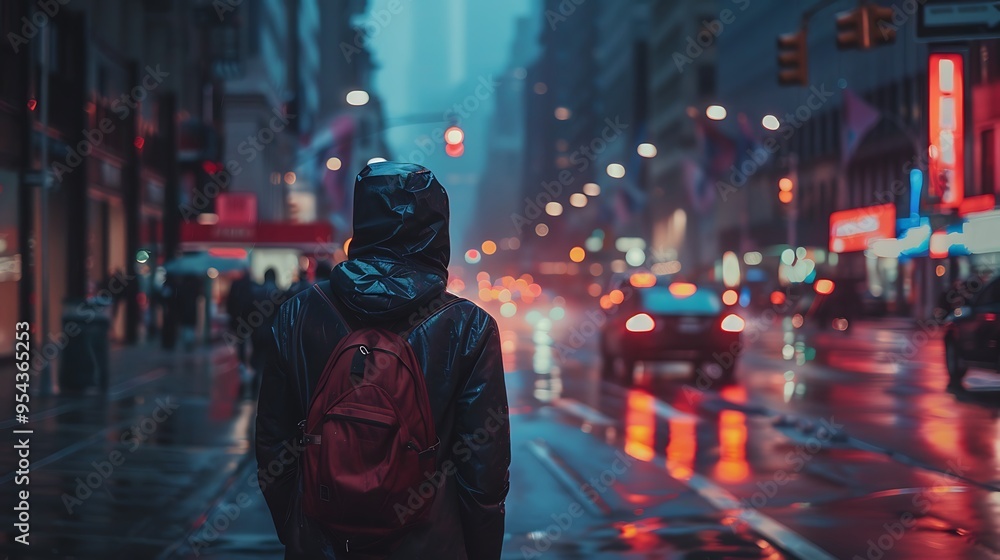 Solitary Figure Walking Through the Rain in a City Solitary Figure Walking Through the Rain in a City