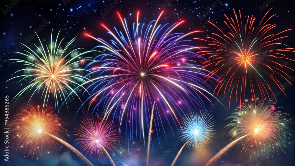 Naklejka premium Colorful fireworks display with a celebratory mood, bursting in the night sky, representing joy and festivities with copy space