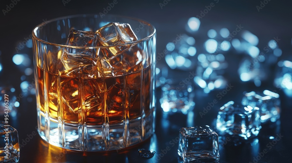 High-Quality Close-Up of Whiskey Glass and Ice Cubes on a Moody Dark Background High-Quality Close-Up of Whiskey Glass and Ice Cubes on a Moody Dark Background