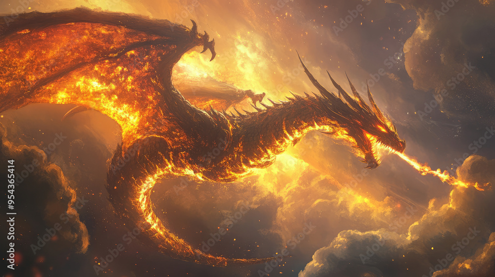 vA powerful dragon with scales that glow like embers, breathing flames as it flies through a sky thick with swirling smoke. vA powerful dragon with scales that glow like embers, breathing flames as it flies through a sky thick with swirling smoke.