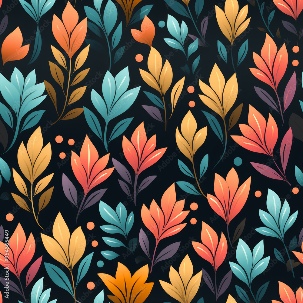 Seamless pattern with colorful flowers and leaves on dark background. Seamless pattern with colorful flowers and leaves on dark background.