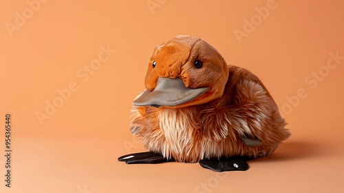 Stuffed platypus isolated on amber and peach background