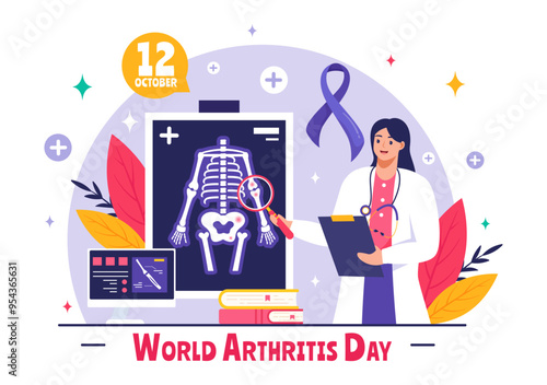 World Arthritis Day vector illustration for October 12, featuring Medical Treatment for Rheumatism and Osteoarthritis, with an X-ray Scan and Bone