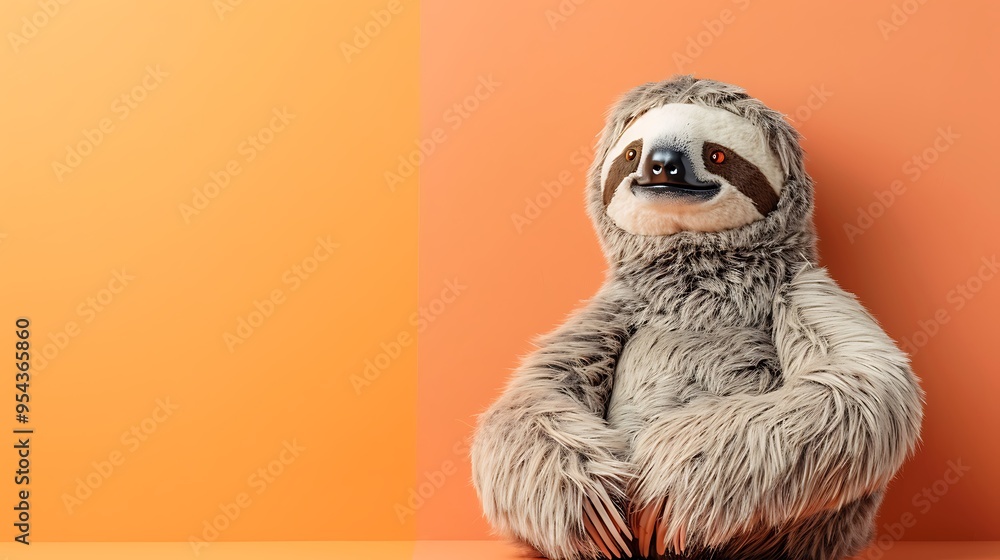 Obraz premium Stuffed sloth isolated on amber and peach background