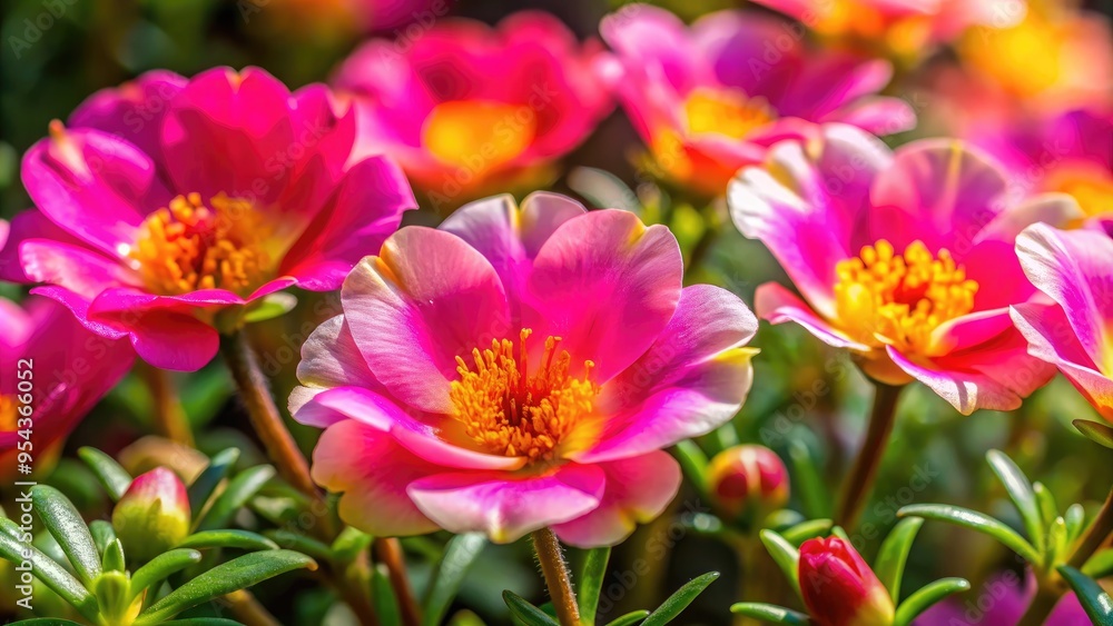 Fototapeta premium Vibrant pink and yellow portulaca flowers bloom in close proximity, their delicate petals and slender stems swaying gently in the soft, warm light of a sunny day.