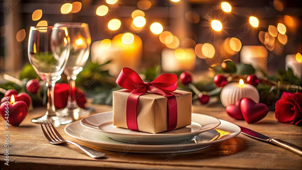 Romantic dinner setting with gift and hearts on charming table Romantic dinner setting with gift and hearts on charming table