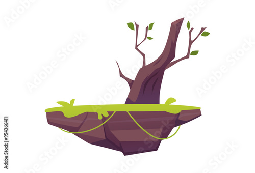 A game vector landscape depicting a floating island with a tree with leaves and grass