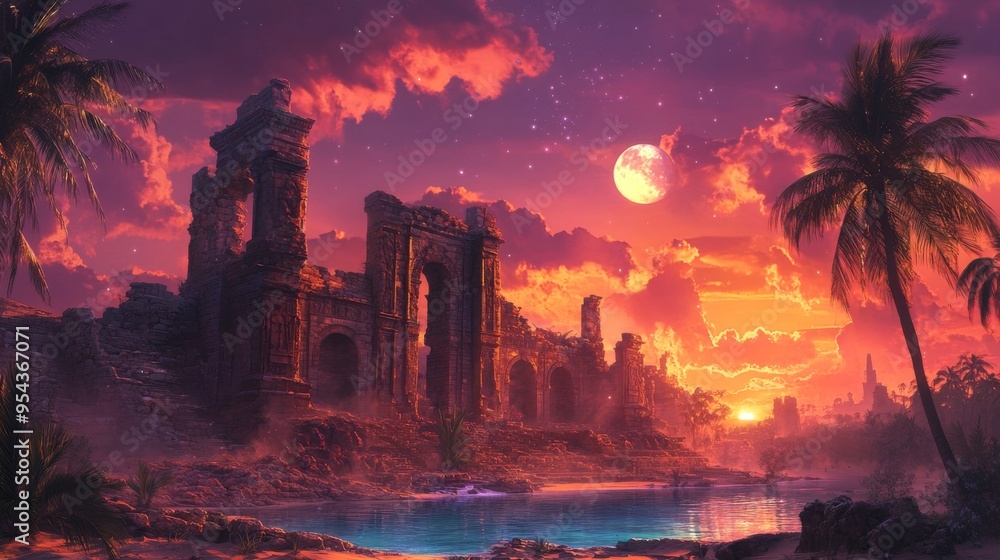 Ancient Ruins Beneath a Red Sky and a Full Moon Ancient Ruins Beneath a Red Sky and a Full Moon
