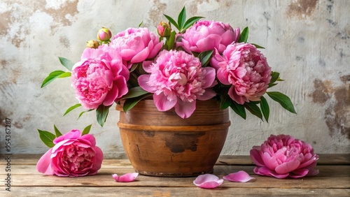 Wallpaper Mural Vibrant pink peonies overflowing from a distressed, earthy terracotta pot, set against a soft, creamy white background, Torontodigital.ca