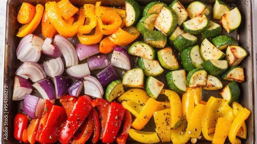 Vibrant roasted vegetables, including peppers, zucchini, and onions, seasoned and baked on a tray for a healthy dish.