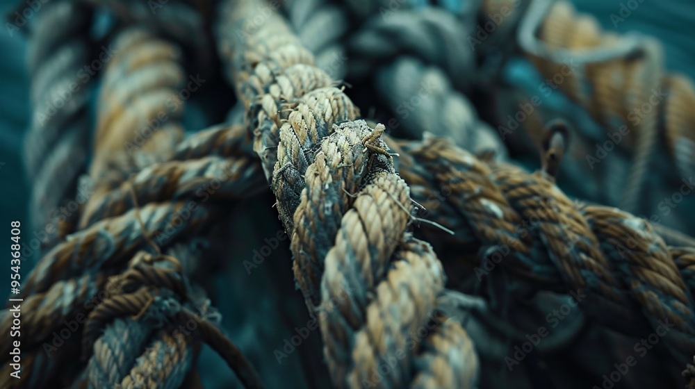 Weathered marine ropes in the dock. Worn-out vessel line. Huge sea grubby faded white ropes backdrop. Focused on selected strands. Detail of pattern grime Marine ropes. Textured. Weathered marine ropes in the dock. Worn-out vessel line. Huge sea grubby faded white ropes backdrop. Focused on selected strands. Detail of pattern grime Marine ropes. Textured.