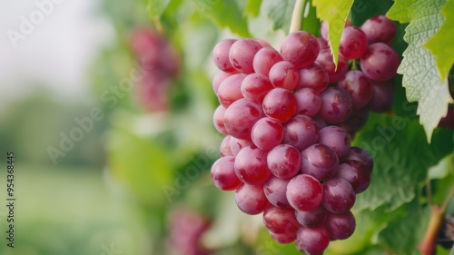 A cluster of fresh, plump red grapes hanging from the vine, glistening under the sunlight with green leaves in the background.