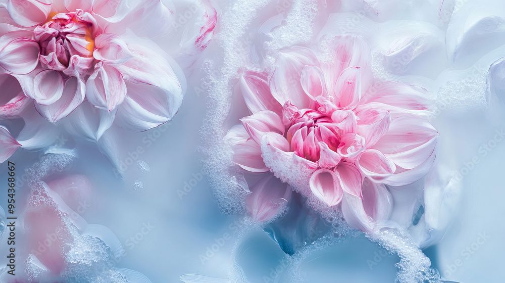 abstract background of frozen dahlia flowers in water, milk and ice abstract background of frozen dahlia flowers in water, milk and ice