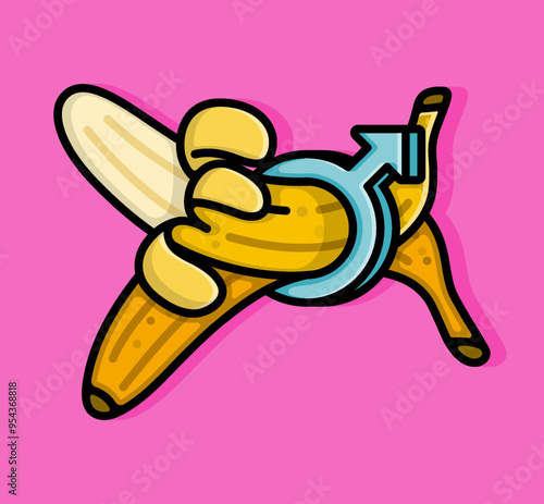 Cartoon Illustration of two bananas stacked and squeezed by a blue male gender sign. Can be used for gender revel or baby shower party, sex education poster and printed on t-shirts, hoodies, tote bags